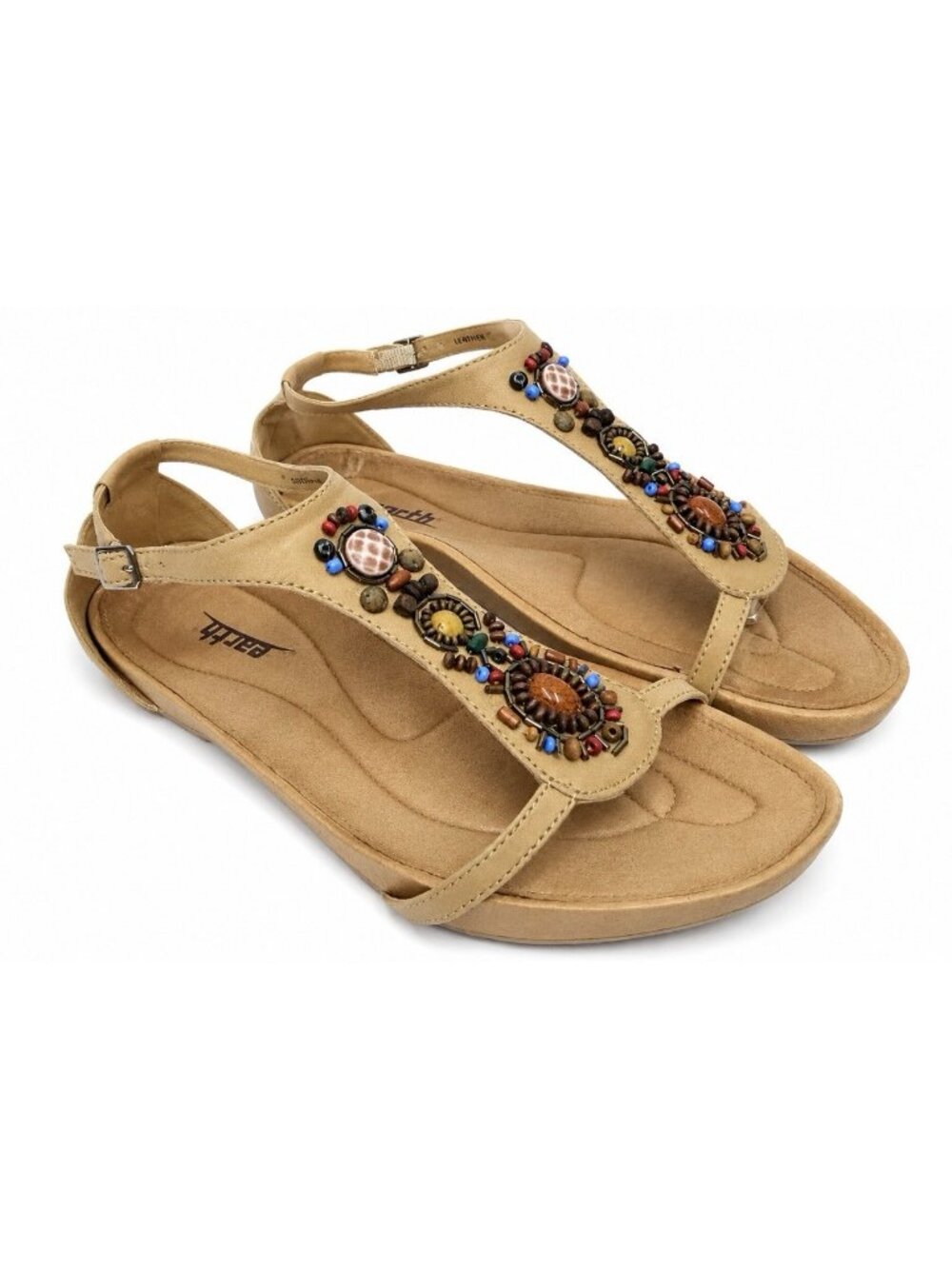 EARTH Enchanting T-Strap Sandals Size 9B Beaded Biscuit Leather Boho Hippie